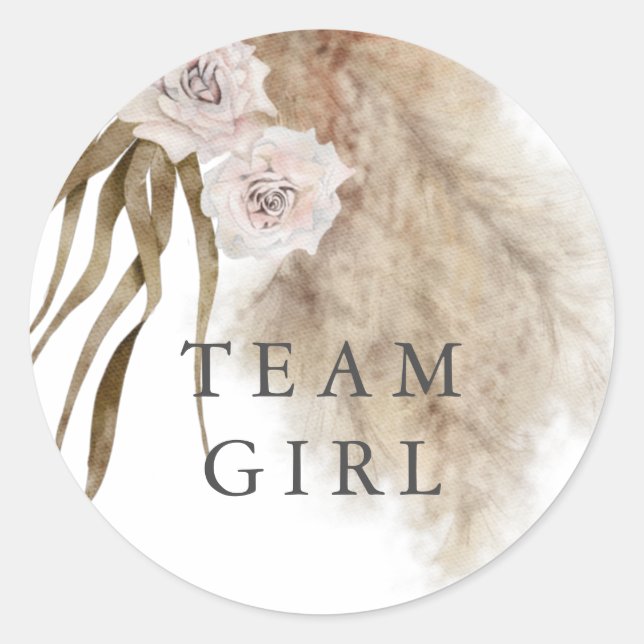 Team Girl Gender Reveal Party Vote Pampas Grass Classic Round Sticker (Front)