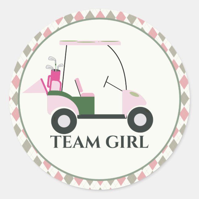 Team Girl Modern Golf Baby Gender Reveal Par-tee Classic Round Sticker (Front)