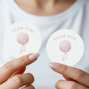 Team Girl Pink Balloon Minimalist Gender Reveal Classic Round Sticker
