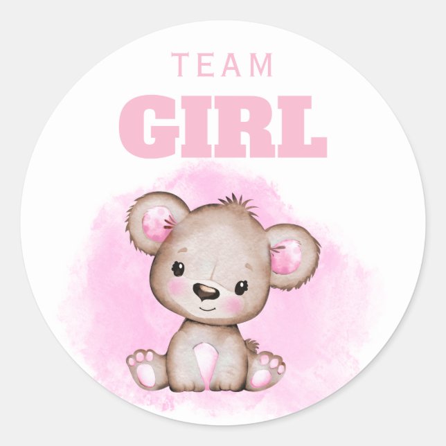 Team Girl Pink Bear Gender Reveal Classic Round Sticker (Front)
