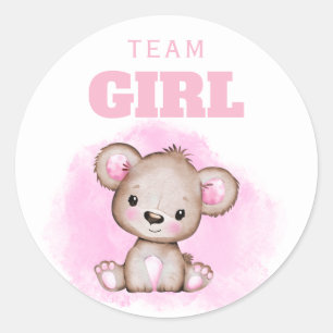 Team Girl Pink Bear Gender Reveal Classic Round Sticker