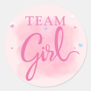 Team girl watercolor pink gender reveal party classic round sticker