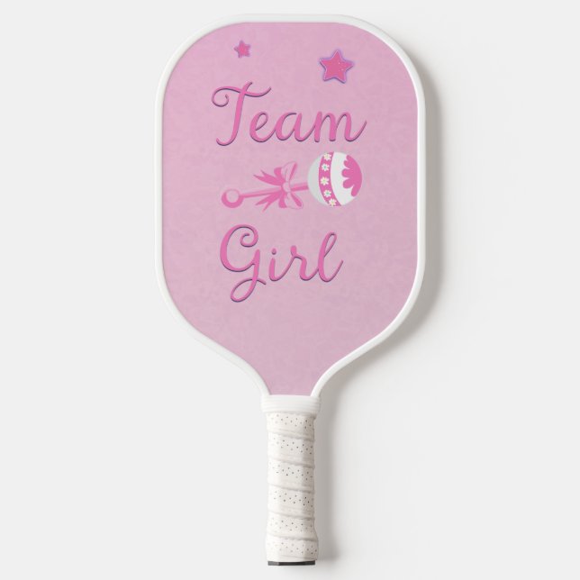 Team Girl with Baby Rattle Gender Reveal  Pickleball Paddle (Front)