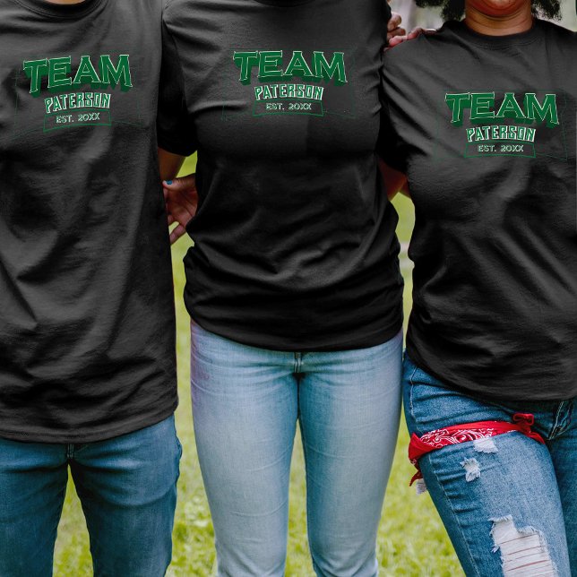 Team Green Family Custom Name Sports Crew Black T-Shirt (Creator Uploaded)
