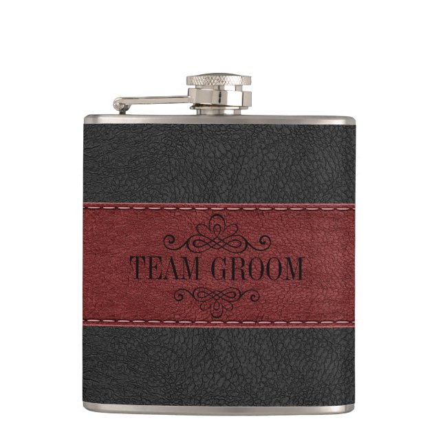 Team Groom Black & Red Leather  Hip Flask (Front)