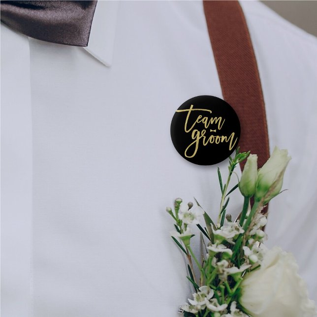 Team Groom Bow Tie Bachelor Party Wedding Button ('Team Groom' Bow Tie Gold Brush Script Calligraphy Wedding Rehearsal Pin Button @ fatfatin_blue_knot)
