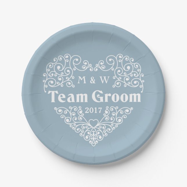 Team Groom custom monograms & year paper plates (Front)