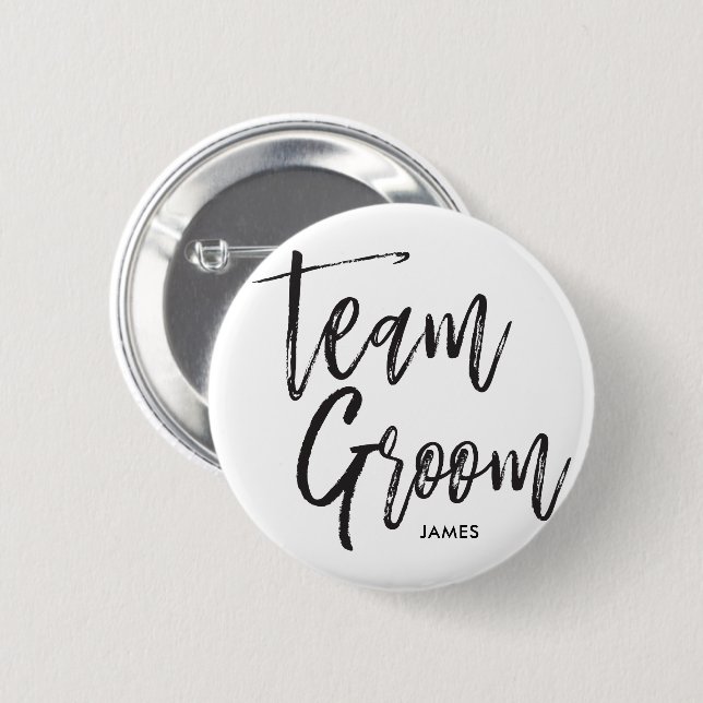 Team Groom | Script Black 6 Cm Round Badge (Front & Back)