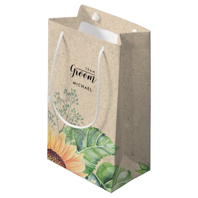 Team Groom. Sunflower Kraft Paper Gift Bags (Front Angled)