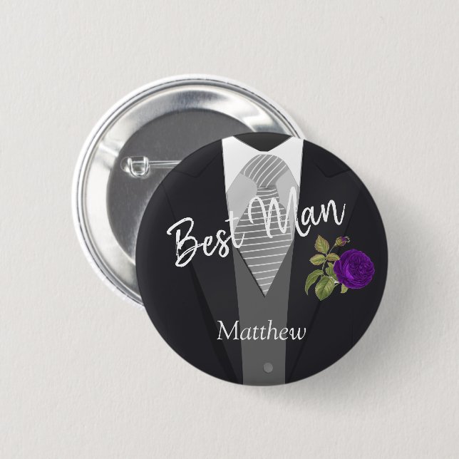 Team Groom Tuxedo Suit - Purple Rose 6 Cm Round Badge (Front & Back)