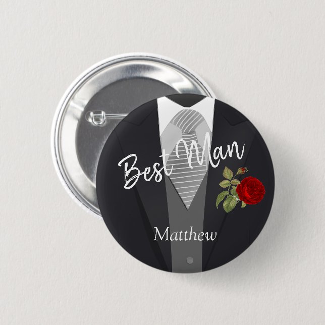 Team Groom Tuxedo Suit  - Red Rose 6 Cm Round Badge (Front & Back)