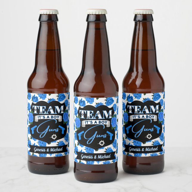 Team GUNS, Guns or Roses Gender Reveal Blue Beer Bottle Label (Bottles)