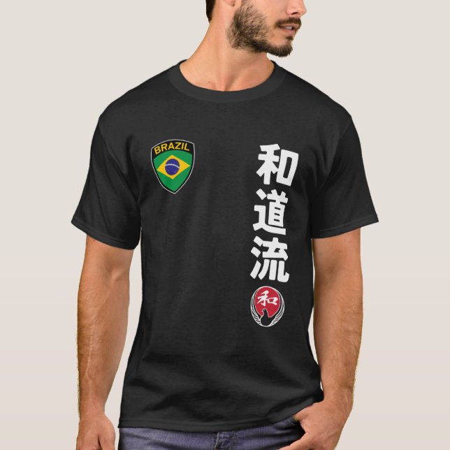 Team Karate Wado Ryu Brazil Flag Kanji Japanese Ma T-Shirt (Front)