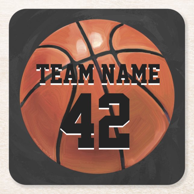 Team Name and Number Basketball Square Paper Coaster (Front)