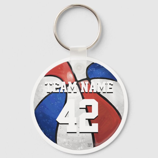 Team Name and Number Red White Blue Basketball Key Ring (Front)