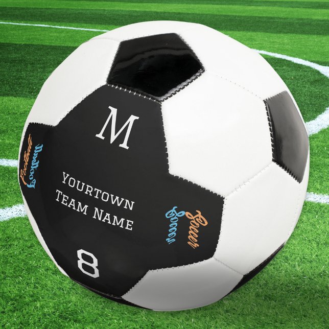 Team Name Number Monogrammed Modern Stylish Football (A monogrammed soccer ball for football players, with team name, number and script typography)