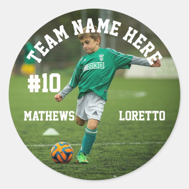 Team Name Player Photo Number & Name Soccer Classic Round Sticker (Front)