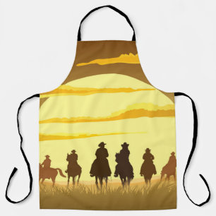 Team of cowboys silhouette galloping against a sun apron