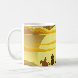 Team of cowboys silhouette galloping against a sun coffee mug
