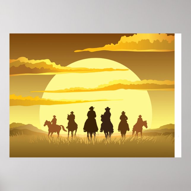 Team of cowboys silhouette galloping against a sun poster (Front)