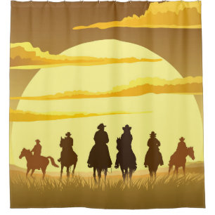 Team of cowboys silhouette galloping against a sun shower curtain