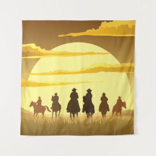 Team of cowboys silhouette galloping against a sun tapestry