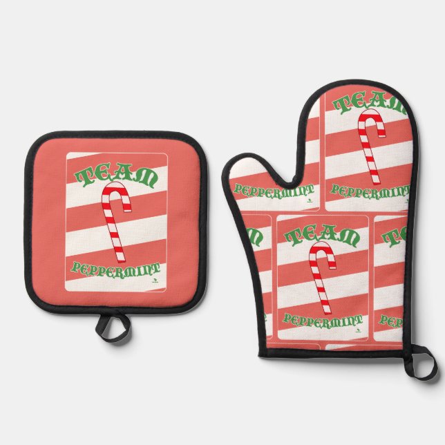 Team Peppermint Funny Christmas Fun Motto Oven Mitt & Pot Holder Set (Front)