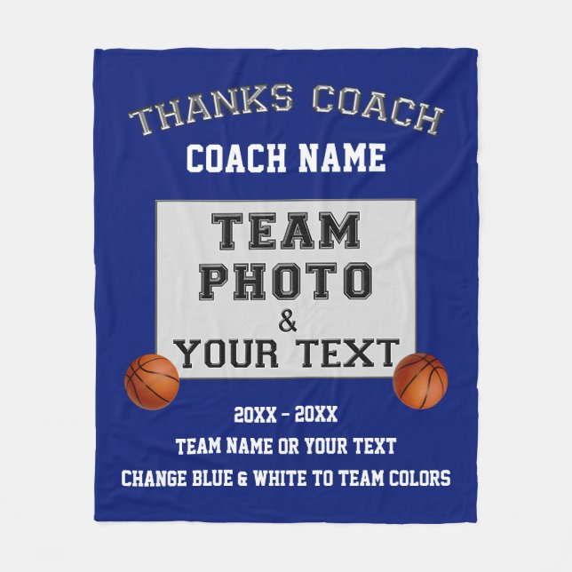 Team Photo, Text Best Gifts for Basketball Coaches Fleece Blanket (Front)