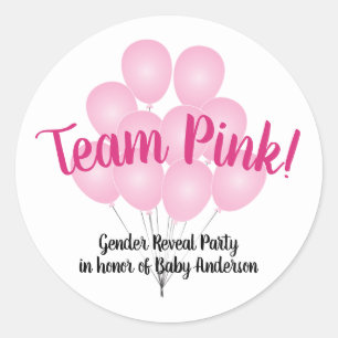 Team Pink Balloons Gender Reveal Party White Classic Round Sticker