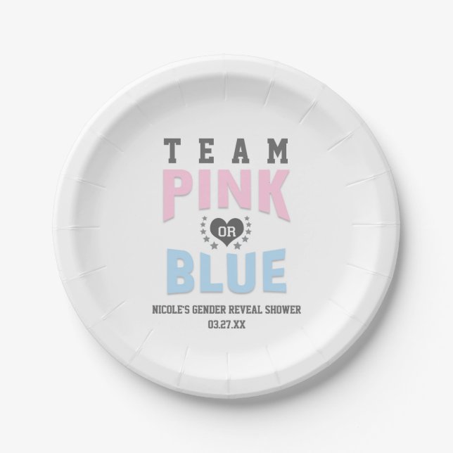 Team PINK or BLUE Gender Reveal Baby Shower Paper Plate (Front)