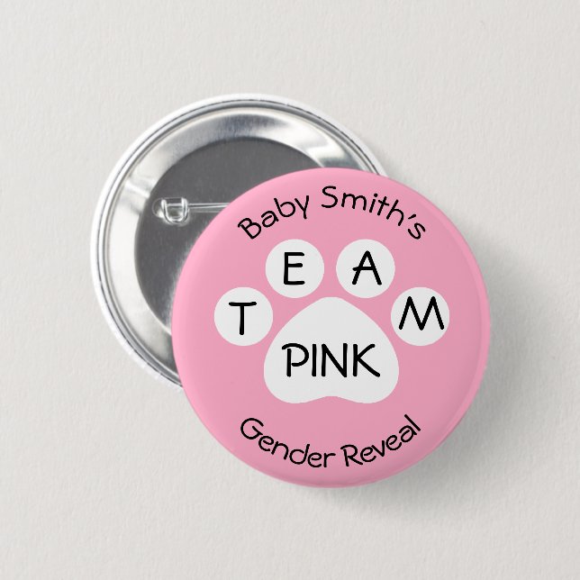 Team Pink Paw Print Gender Reveal 6 Cm Round Badge (Front & Back)
