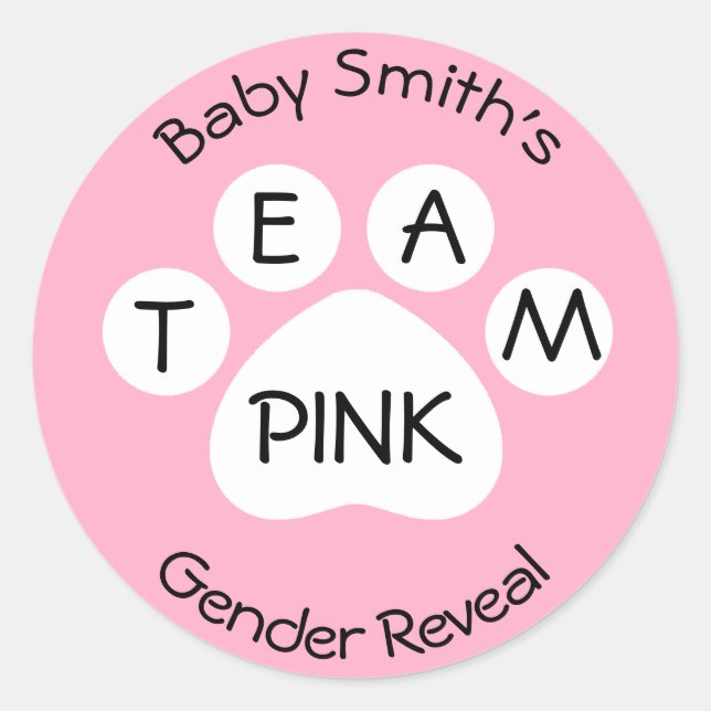Team Pink Paw Print Gender Reveal Classic Round Sticker (Front)