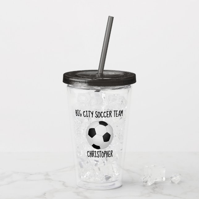 Team & Player Name Black and White Soccer Ball Acrylic Tumbler (Back Ice)