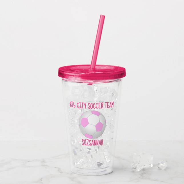 Team & Player Name Girly Pink White Soccer Ball Acrylic Tumbler (Back Ice)