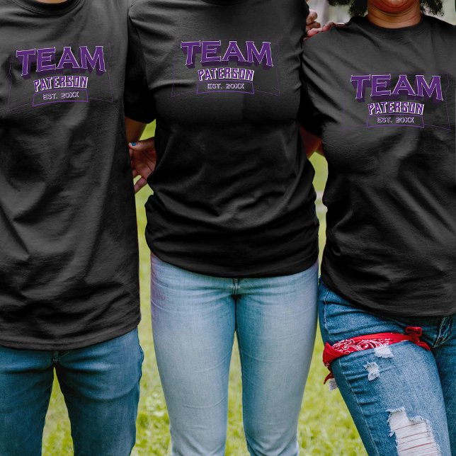 Team Purple Family Crew Sports Custom Name Black T-Shirt (Creator Uploaded)