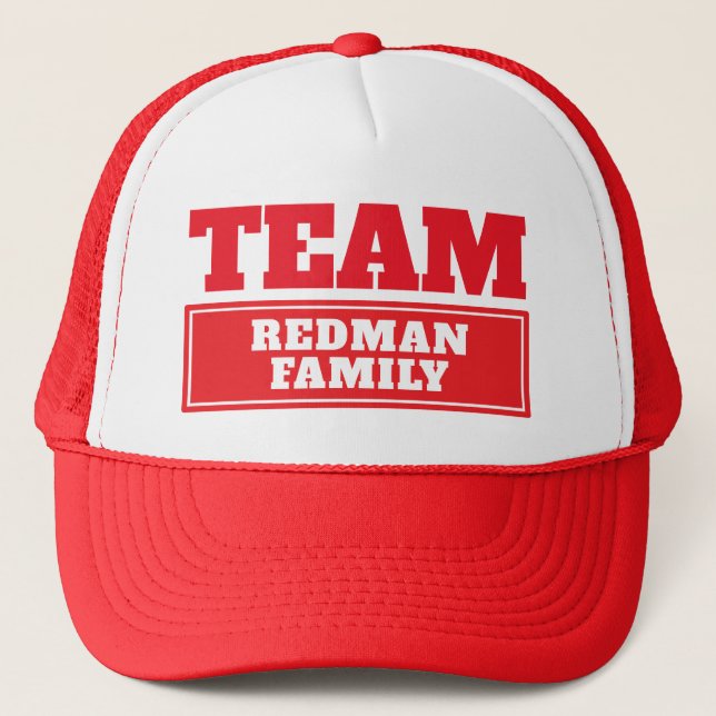 Team red personalized team name or family name trucker hat (Front)
