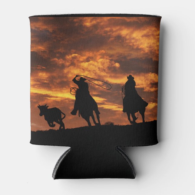 Team Roping Cowboy Western Can Cooler (Front)