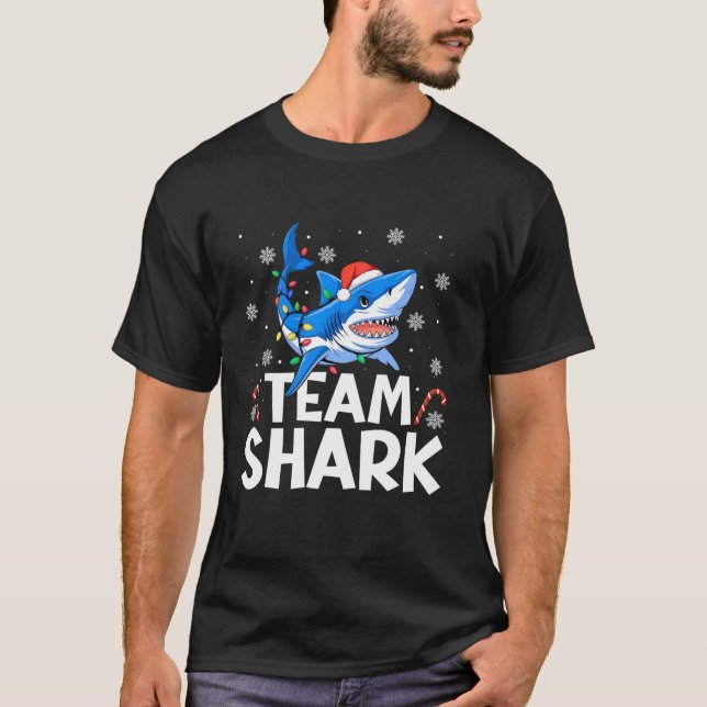 Team Shark Christmas Funny Santa Hat Lights Snowfl T-Shirt (Front)