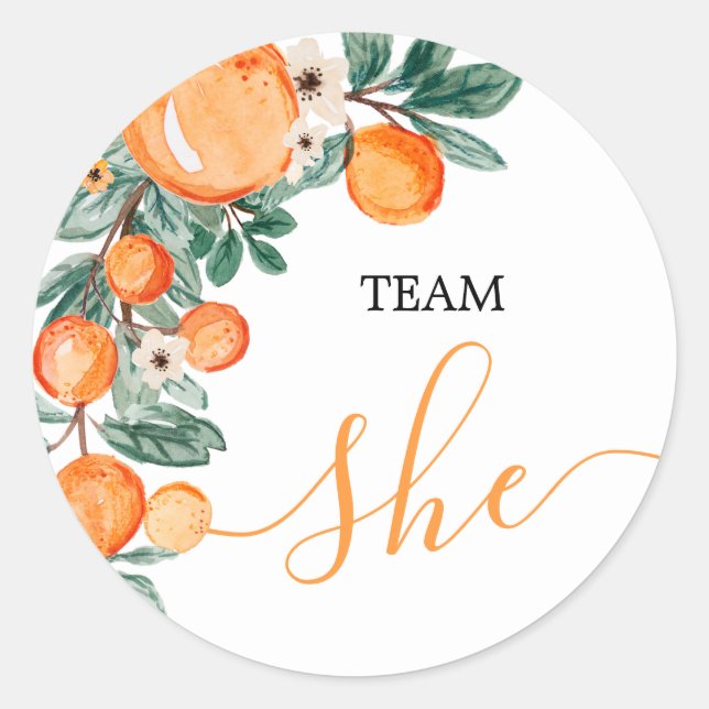 TEAM She Gender Reveal Citrus Orange Game Labels (Front)