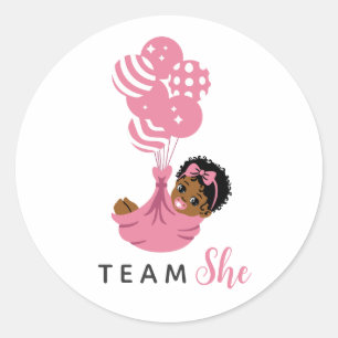 Team She Pink Balloon African American Baby Girl Classic Round Sticker