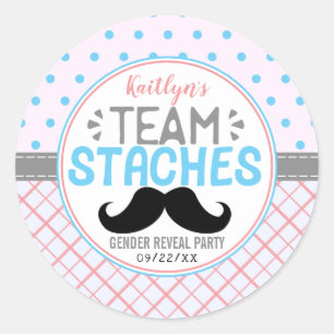 "Team Staches" Modern Gender Reveal Party Classic Round Sticker
