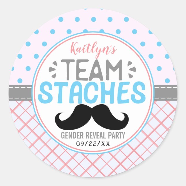 "Team Staches" Modern Gender Reveal Party Classic Round Sticker (Front)