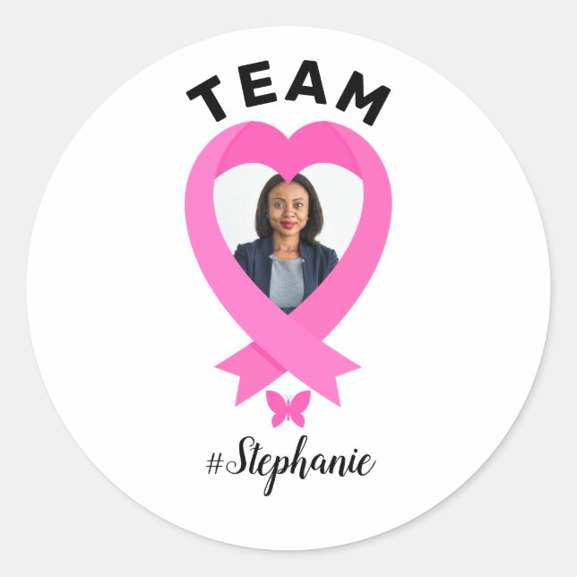 Team Support Custom Photo & Name Pink Ribbon Classic Round Sticker (Front)