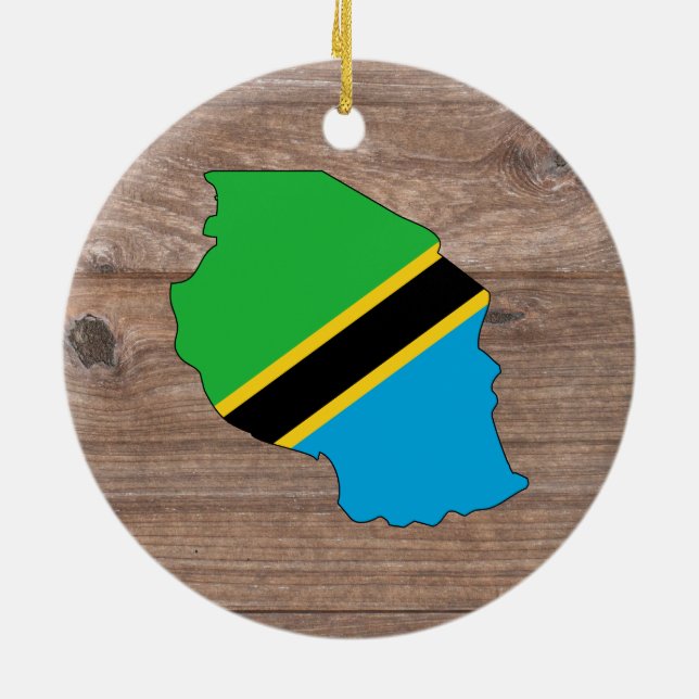 Team tanzania Flag Map on Wood Ceramic Tree Decoration (Back)