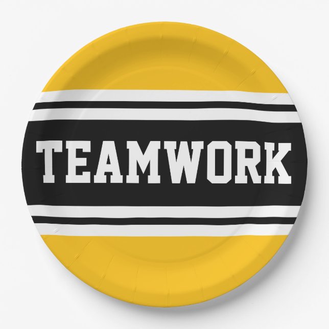 TEAMWORK Fun Bright Yellow Black Racing Stripes Paper Plate (Front)
