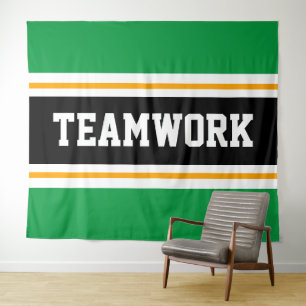 TEAMWORK Green Black White Yellow Racing Stripes Tapestry