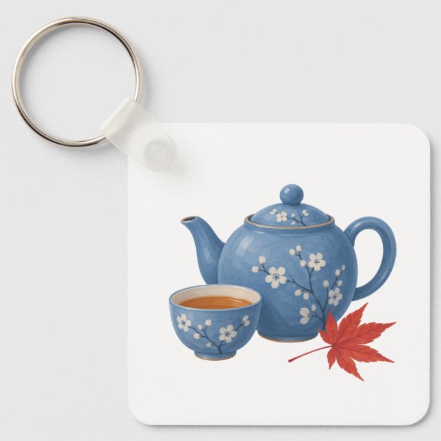 Teapot and Autumn Maple Leaf Key Ring (Front)