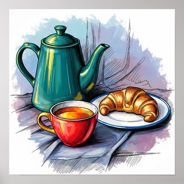 Teapot and Croissant Still Life Poster (Front)