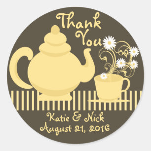 Teapot and Daisies Yellow and Brown Classic Round Sticker