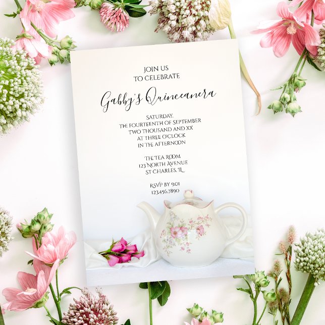 Teapot and Pink Roses Quinceanera Party Invitation (Creator Uploaded)